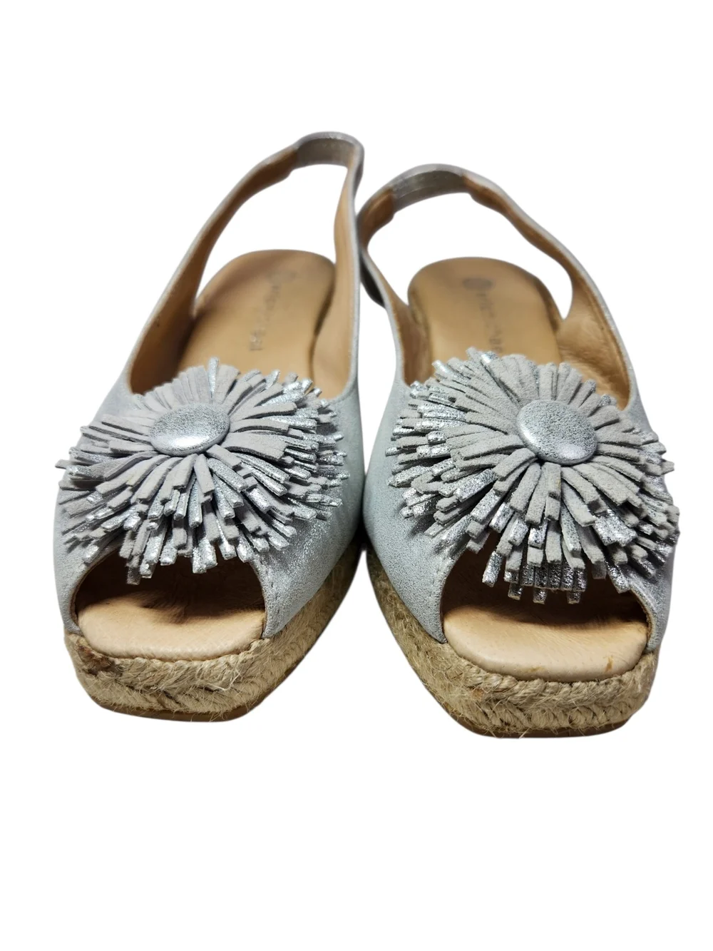 Eric Michael Silver Metallic Leather Espadrille Wedge Slingback Sandals Pom 6.5